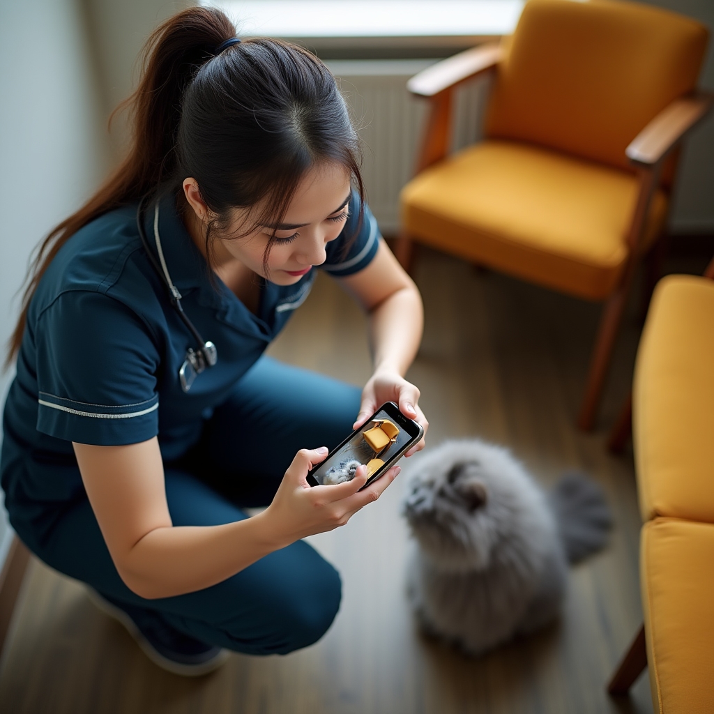 Cuidadora fotografiando a un gato para el informe diario destinado al propietario