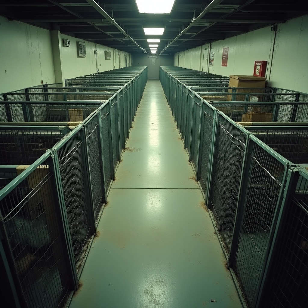 Residencia canina genérica con jaulas uniformes antes de la consultoría