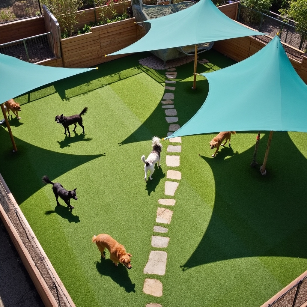 Patio exterior dividido en zonas de juego para distintos grupos de perros
