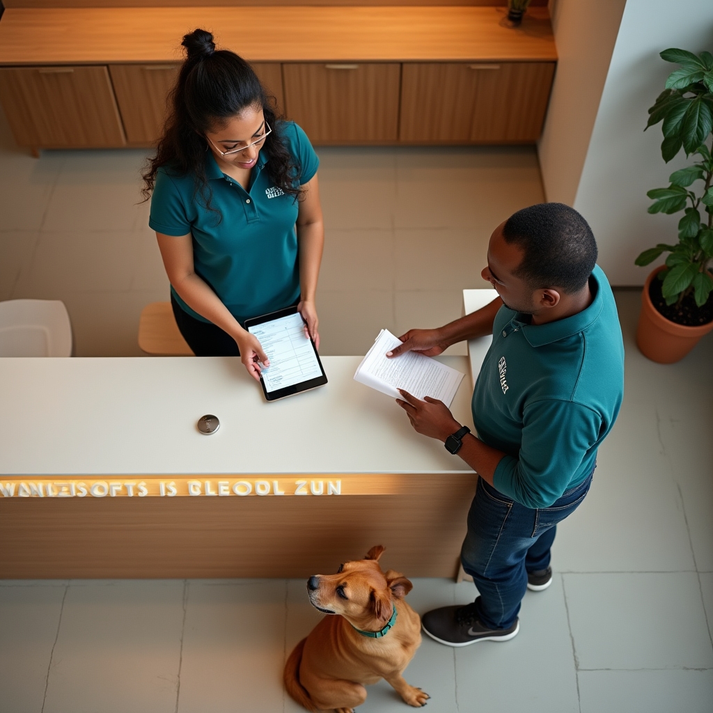 Recepcionista de una residencia canina completando la ficha de llegada de un perro