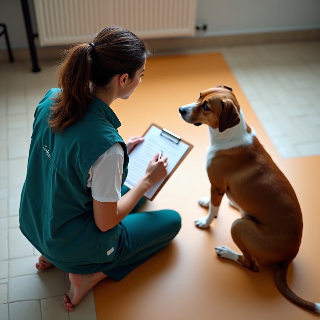 Especialista evaluando el temperamento de un perro alojado en la residencia